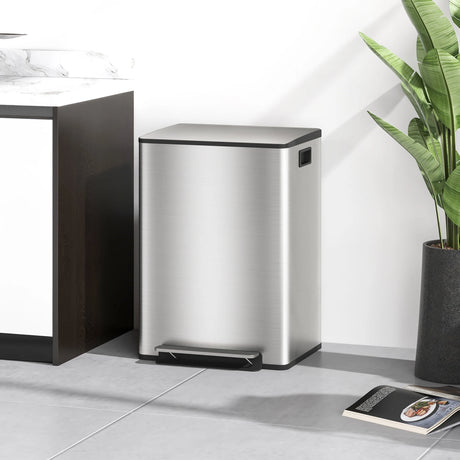 HOMCOM 60L Dual Compartment Stainless Steel Bin, with Deodoriser Holders - Silver Tone