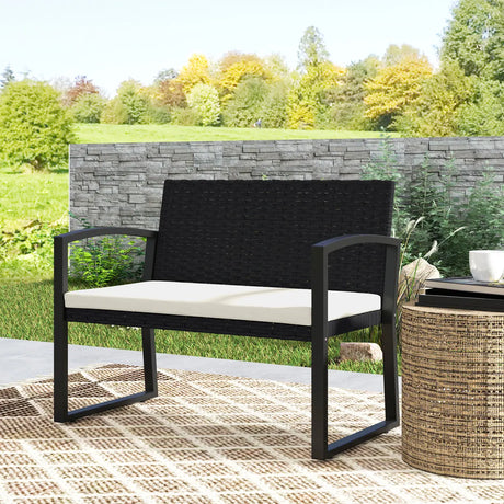 Outsunny Two-Seater Rattan Garden Bench - Beige/Black