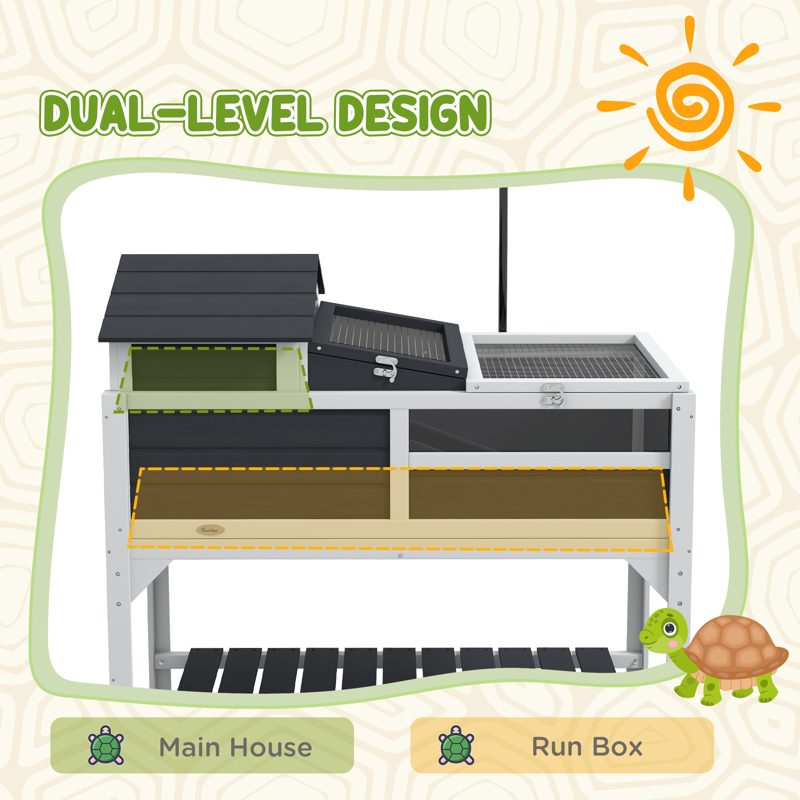 PawHut Wooden Tortoise Enclosure, Tortoise Tank w/ Adjustable Lamp Holder, Openable Lid, Removable Main House - Grey