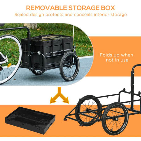 HOMCOM Steel Trailer for Bike, Bicycle Cargo Trailer with 65L Foldable Storage Box and Safe Reflectors, Max Load 40KG, Black