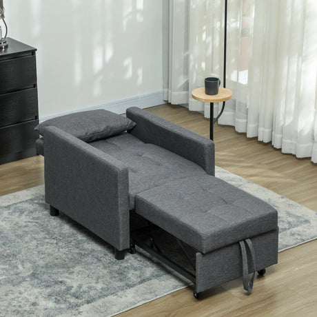 HOMCOM 3-In-1 Chair Bed, Convertible Sleeper Chair with Adjustable Backrest, Pillow and Footrest for Living Room, Dark Grey