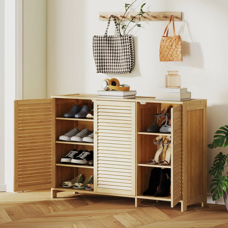 HOMCOM Bamboo Shoe Cabinet with Louvered Doors, 18 Pairs Shoe Storage Cabinet with Adjustable Shelves for Hallway, Natural