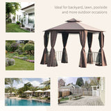 Outsunny 3 x 3(m) Hexagon Gazebo Patio Canopy Party Tent Outdoor Garden Shelter w/ 2 Tier Roof & Side Panel - Brown