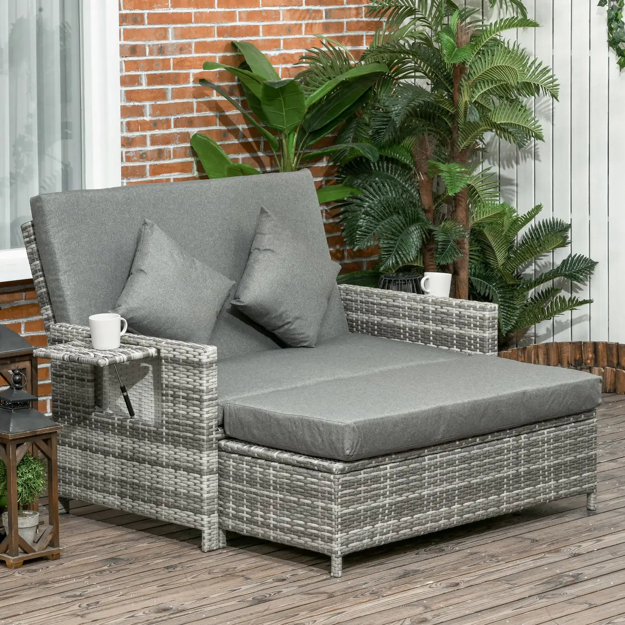 Outsunny Rattan Garden Daybed, Assembled Double Sun Lounger with 5-Level Adjustable Back, Storage Ottoman, Cushions, Pillows and Retractable Trays, Outdoor Loveseat Sofa Bed for Patio, Mixed Grey