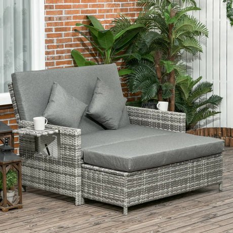 Outsunny Rattan Garden Daybed, Assembled Double Sun Lounger with 5-Level Adjustable Back, Storage Ottoman, Cushions, Pillows and Retractable Trays, Outdoor Loveseat Sofa Bed for Patio, Mixed Grey