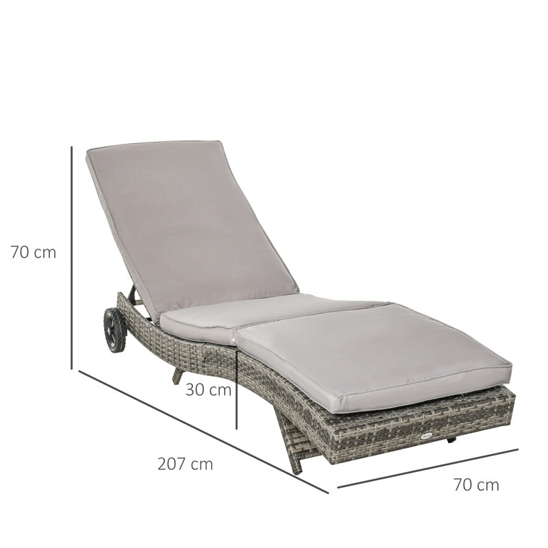 Outsunny Patio Wicker Chaise Lounge Chair, Outdoor PE Rattan Sun Lounger with Adjustable Backrest and 2 Wheels, Grey