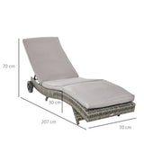 Outsunny Patio Wicker Chaise Lounge Chair, Outdoor PE Rattan Sun Lounger with Adjustable Backrest and 2 Wheels, Grey