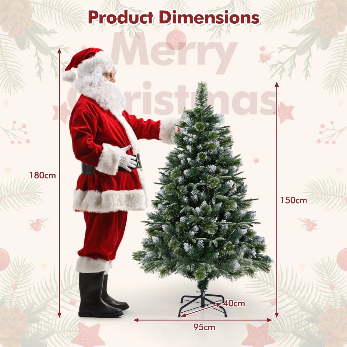 180/150 CM Pre-Lit Artificial Christmas Tree with 856/476 Pine Needles/Flocked PVC/PE Tips-150 cm