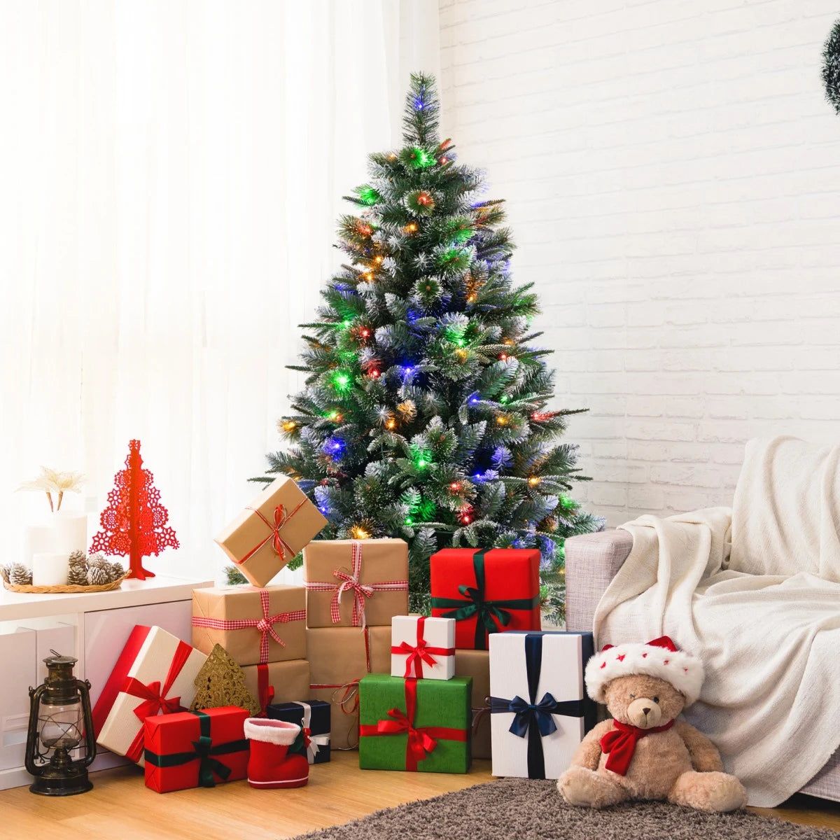 180/150 CM Pre-Lit Artificial Christmas Tree with 856/476 Pine Needles/Flocked PVC/PE Tips-150 cm