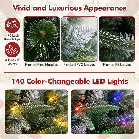 180/150 CM Pre-Lit Artificial Christmas Tree with 856/476 Pine Needles/Flocked PVC/PE Tips-150 cm