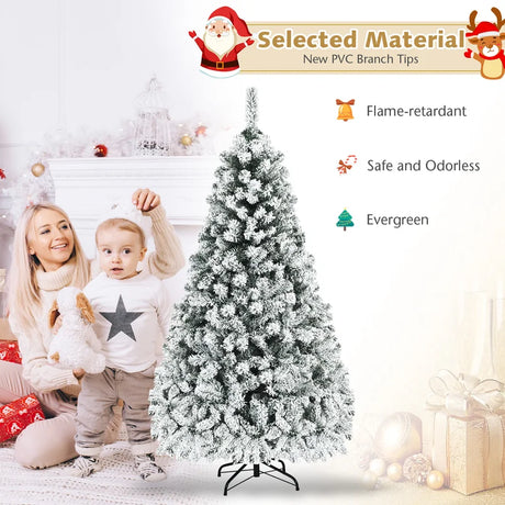 Pre-Lit Flocked Snow Hinged Pine Tree with Solid Metal Stand