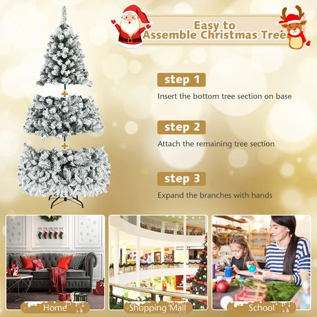 Pre-Lit Flocked Snow Hinged Pine Tree with Solid Metal Stand