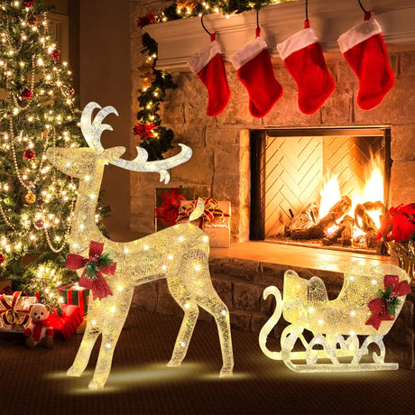Pre-lit Holiday Outdoor Lighted Christmas Reindeer and Sleigh Decoration