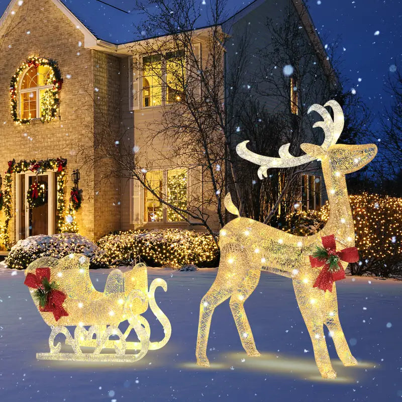 Pre-lit Holiday Outdoor Lighted Christmas Reindeer and Sleigh Decoration