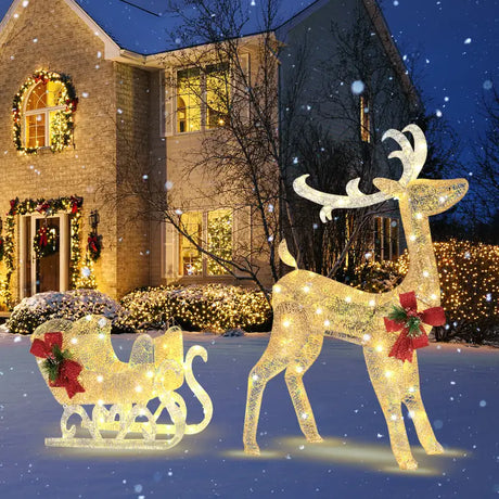 Pre-lit Holiday Outdoor Lighted Christmas Reindeer and Sleigh Decoration