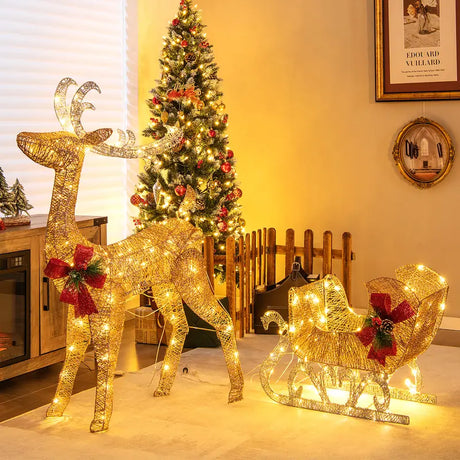 Pre-lit Holiday Outdoor Lighted Christmas Reindeer and Sleigh Decoration