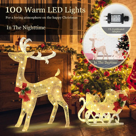 Pre-lit Holiday Outdoor Lighted Christmas Reindeer and Sleigh Decoration