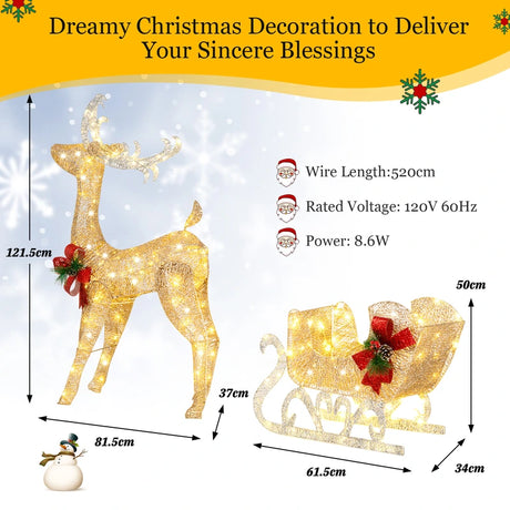 Pre-lit Holiday Outdoor Lighted Christmas Reindeer and Sleigh Decoration