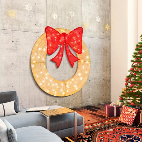 Pre-Lit Christmas Wreath with 200 LED Lights and Red Bow
