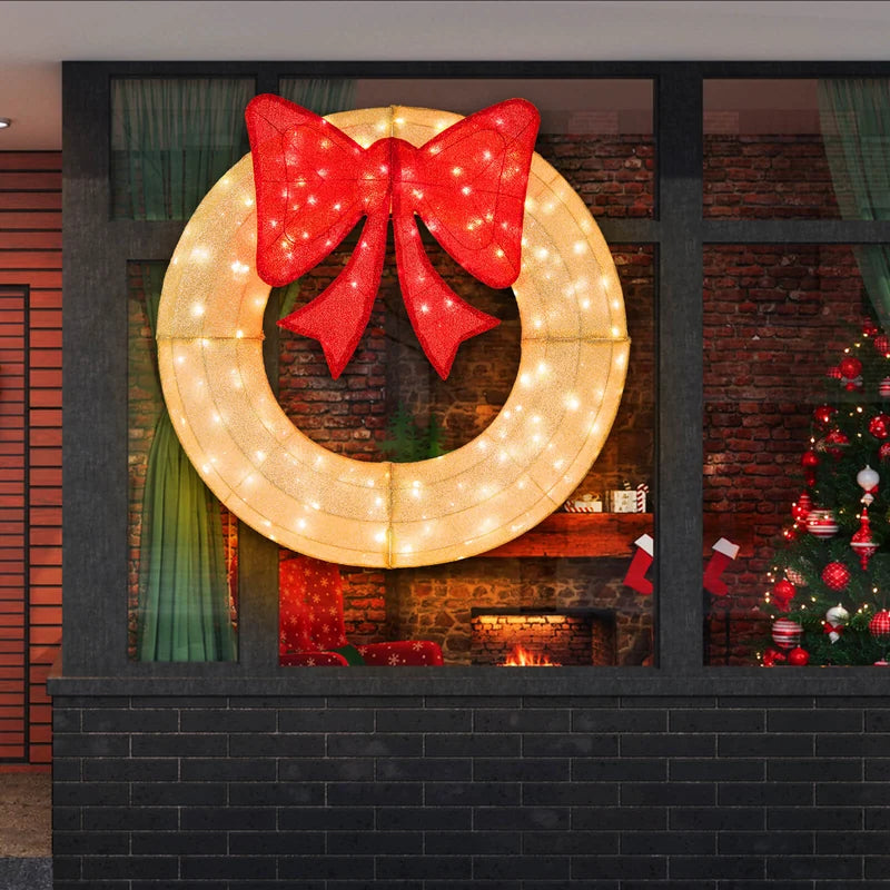 Pre-Lit Christmas Wreath with 200 LED Lights and Red Bow