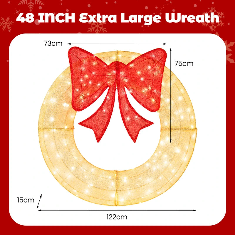 Pre-Lit Christmas Wreath with 200 LED Lights and Red Bow