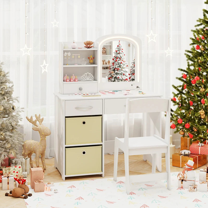 Kids Vanity Set with 2 Color Lighted Mirror and Storage Drawers-White