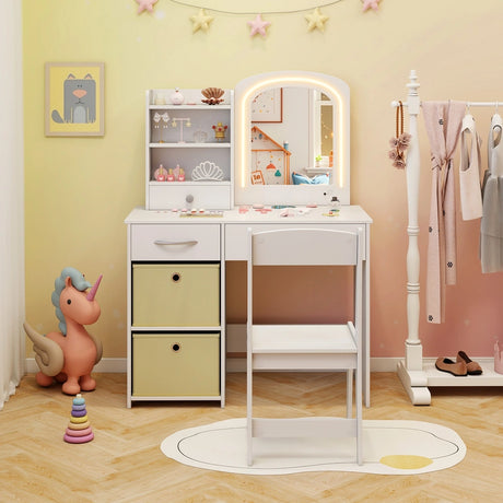 Kids Vanity Set with 2 Color Lighted Mirror and Storage Drawers-White