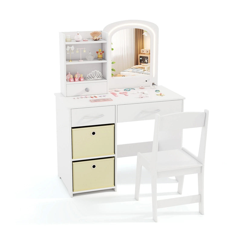 Kids Vanity Set with 2 Color Lighted Mirror and Storage Drawers-White
