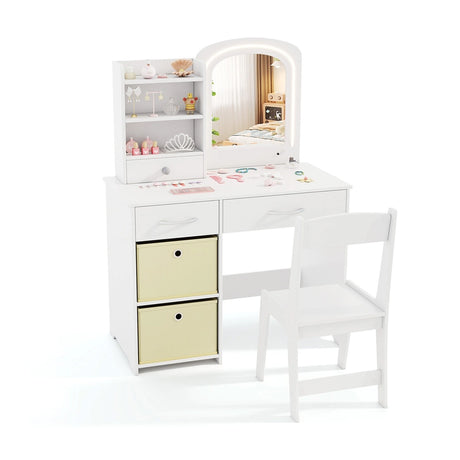 Kids Vanity Set with 2 Color Lighted Mirror and Storage Drawers-White