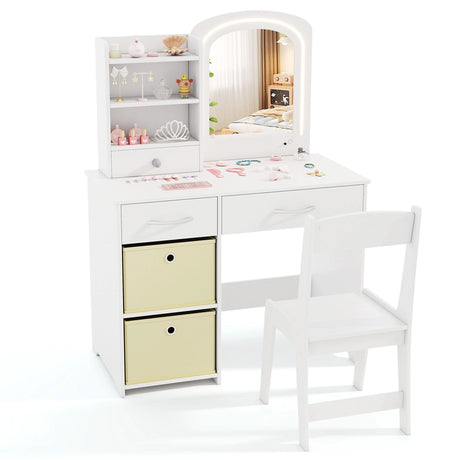 Kids Vanity Set with 2 Color Lighted Mirror and Storage Drawers-White
