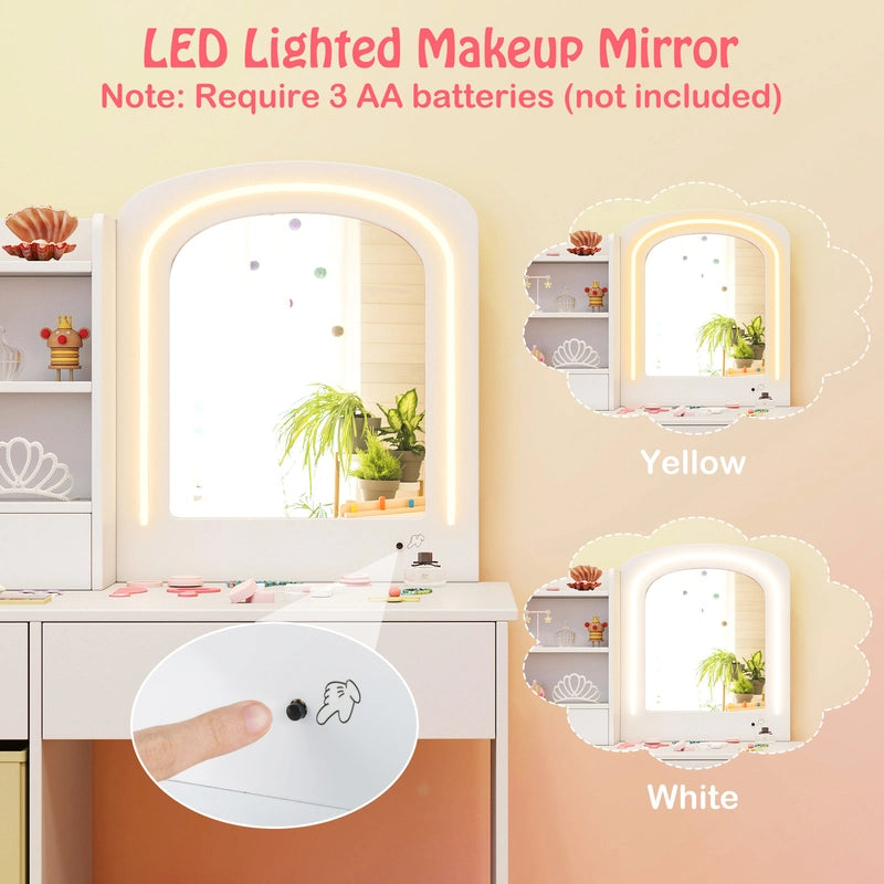 Kids Vanity Set with 2 Color Lighted Mirror and Storage Drawers-White