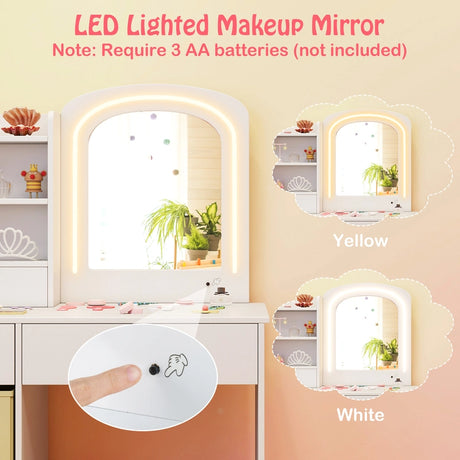 Kids Vanity Set with 2 Color Lighted Mirror and Storage Drawers-White