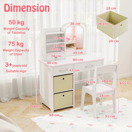 Kids Vanity Set with 2 Color Lighted Mirror and Storage Drawers-White