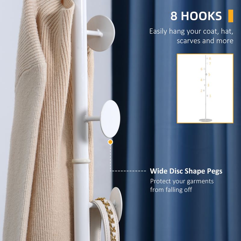 HOMCOM Coat Rack Free Standing Hall Tree with 8 Round Disc Hooks for Clothes, Hats,Purses, Steel Entryway Coat Stand with Marble Base for Entryway, Living Room, Bedroom, White