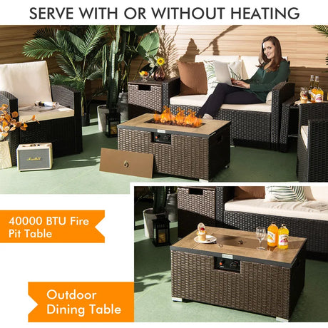 40,000 BTU Propane Rattan Fire Pit Table Set with Side Table Tank and Cover -Brown