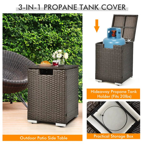 40,000 BTU Propane Rattan Fire Pit Table Set with Side Table Tank and Cover -Brown