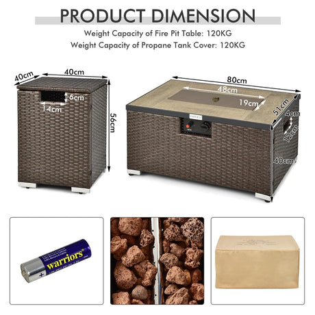 40,000 BTU Propane Rattan Fire Pit Table Set with Side Table Tank and Cover -Brown