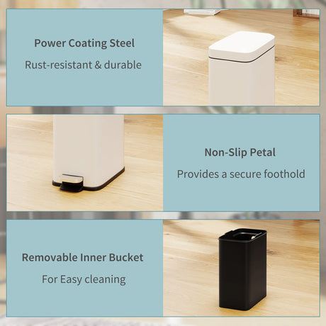 HOMCOM 5L Rectangular Compact Bin Steel Body Removable Bucket Quiet-Close Lid w/ Pedal Lid Rubbish Trash Can Home Office Bedroom Bathroom Living Room Garbage Tidy Clean White