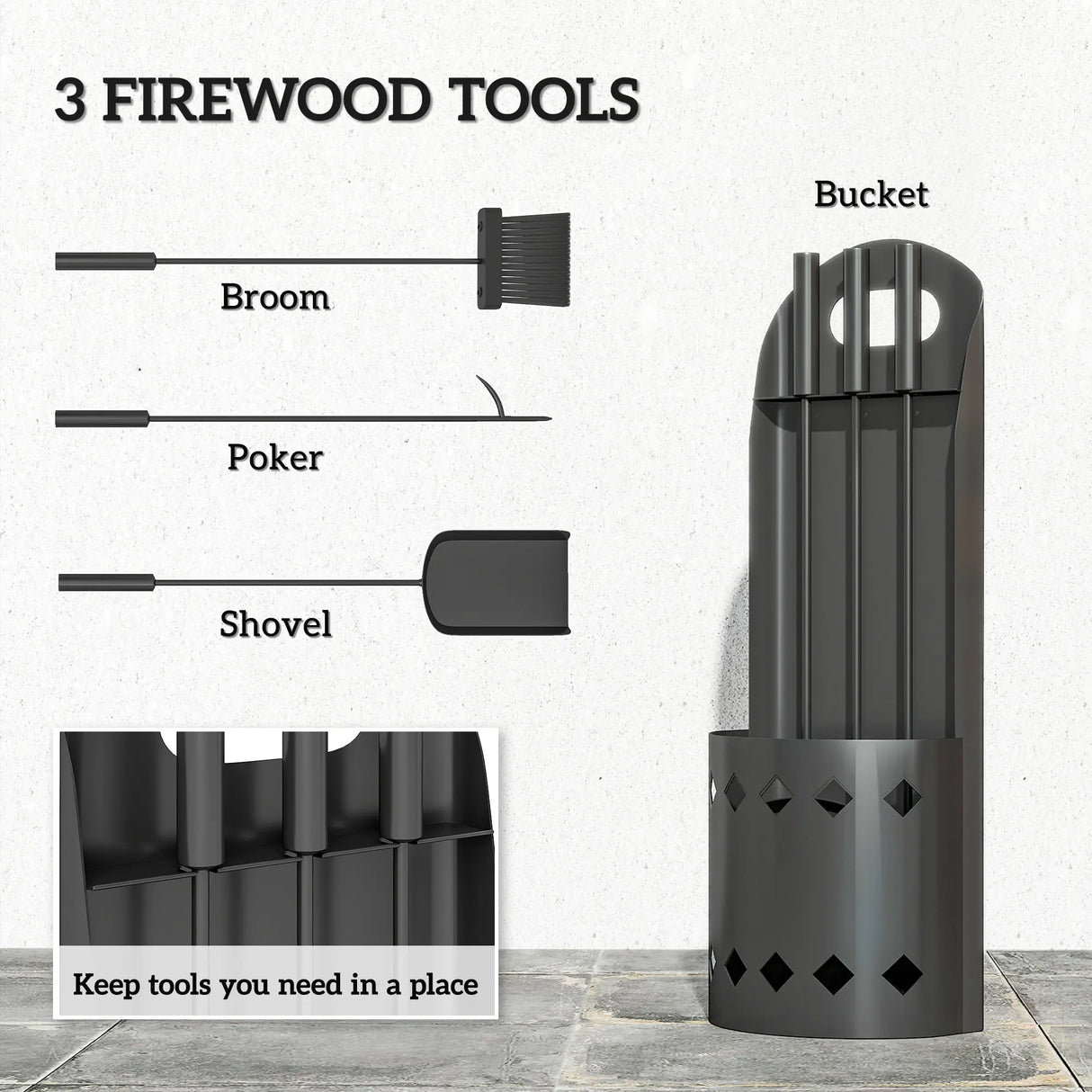 Outsunny 4 Pieces Fireplace Companion Set, Metal Fireplace Accessories Fireside Companion Set with Broom, Shovel, Poker, Bucket, Black