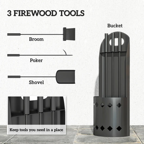 Outsunny 4 Pieces Fireplace Companion Set, Metal Fireplace Accessories Fireside Companion Set with Broom, Shovel, Poker, Bucket, Black