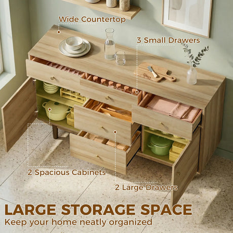 HOMCOM Sideboard with 5 Drawers and 2 Cabinets Buffet Cabinet with Solid Wood Legs 136 cm Walnut