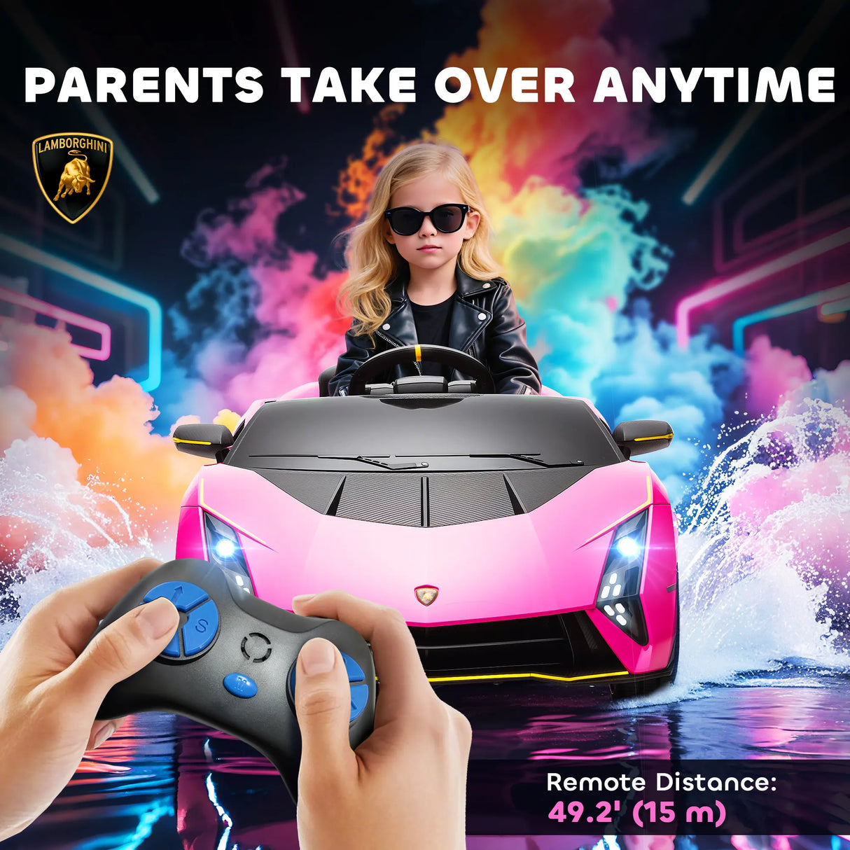 AIYAPLAY 12V Lamborghini Autentica Licensed Kids Electric Car with Remote Control, 4 Suspension Wheels, Soft Start, Pink