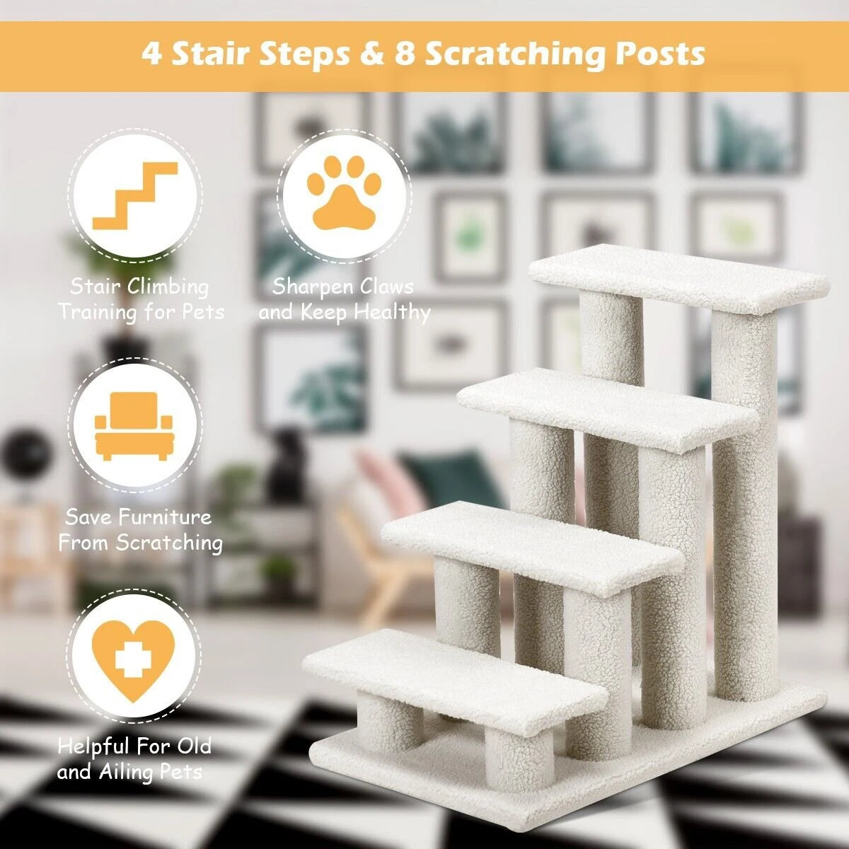 4-Step Pet Stairs with Portable Design for Cats and Dogs-White