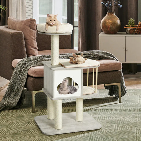 Modern Cat Tower with Platform Scratching Posts for Kittens and Cats