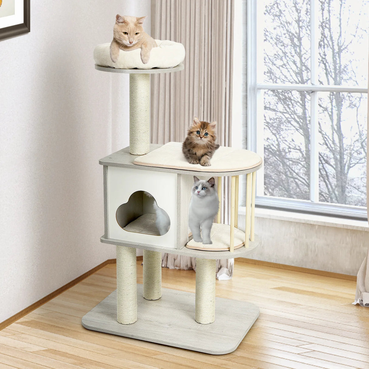Modern Cat Tower with Platform Scratching Posts for Kittens and Cats