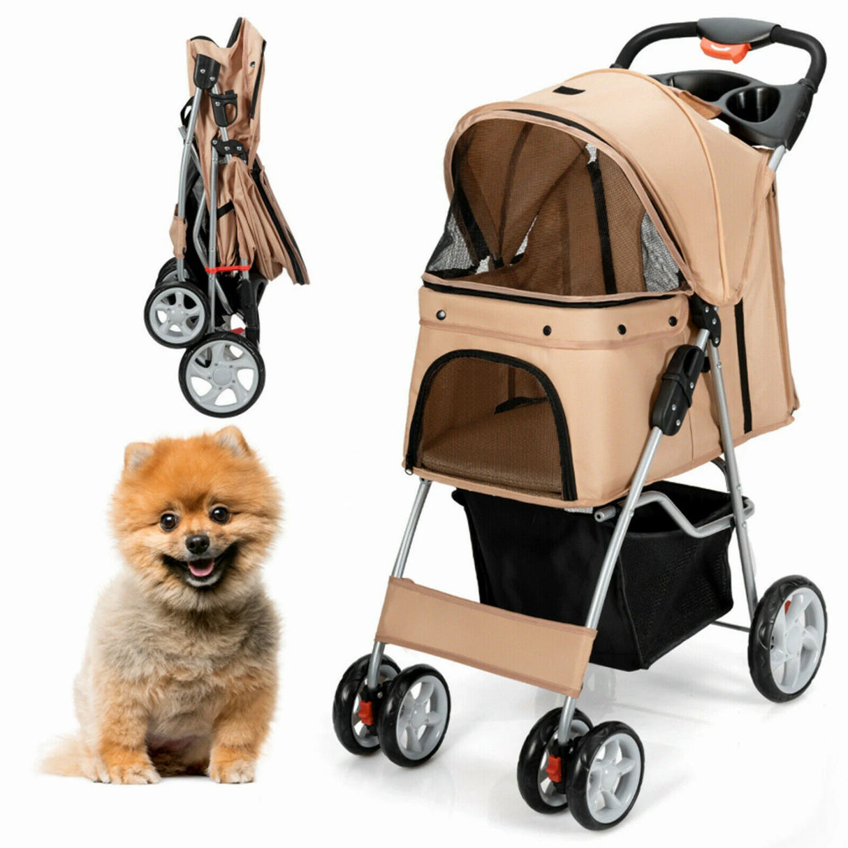 4-Wheel Folding Pet Stroller with Mesh Windows &amp; Storage Basket-Beige