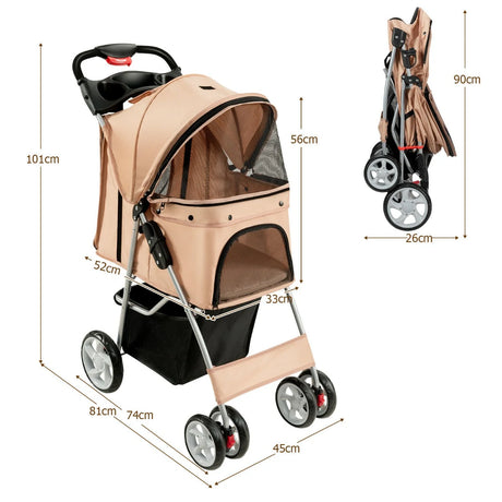 4-Wheel Folding Pet Stroller with Mesh Windows &amp; Storage Basket-Beige