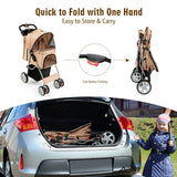 4-Wheel Folding Pet Stroller with Mesh Windows &amp; Storage Basket-Beige