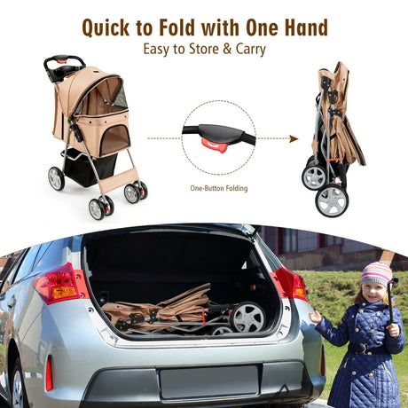 4-Wheel Folding Pet Stroller with Mesh Windows &amp; Storage Basket-Beige