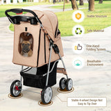 4-Wheel Folding Pet Stroller with Mesh Windows &amp; Storage Basket-Beige